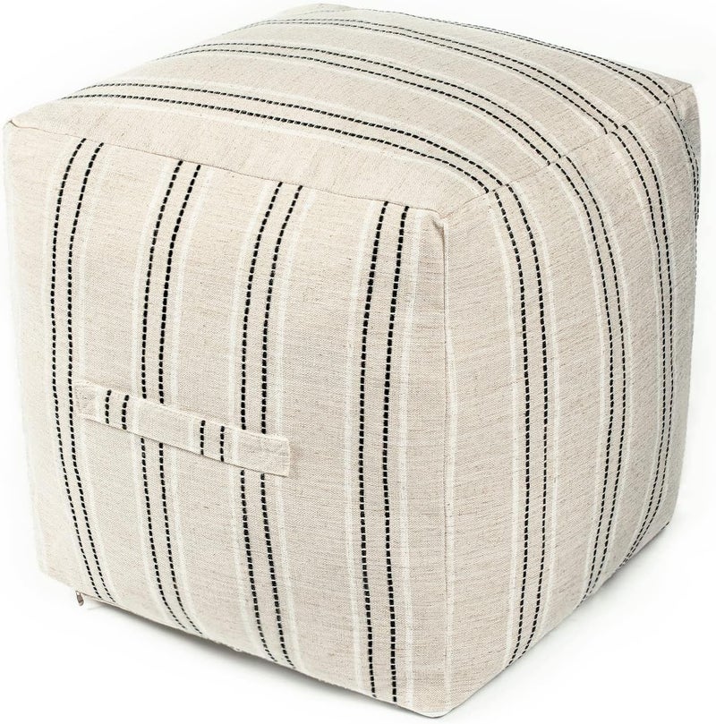 AELS Unstuffed Farmhouse Pouf Cover for Living Room, Boho Storage Bean Bag Cubes, Beige with Black Stitch Yarn Dyed Stripe Square Ottoman Pouf Foot Rest Footstool, 18"x18"x18", Cover ONLY - Image 1